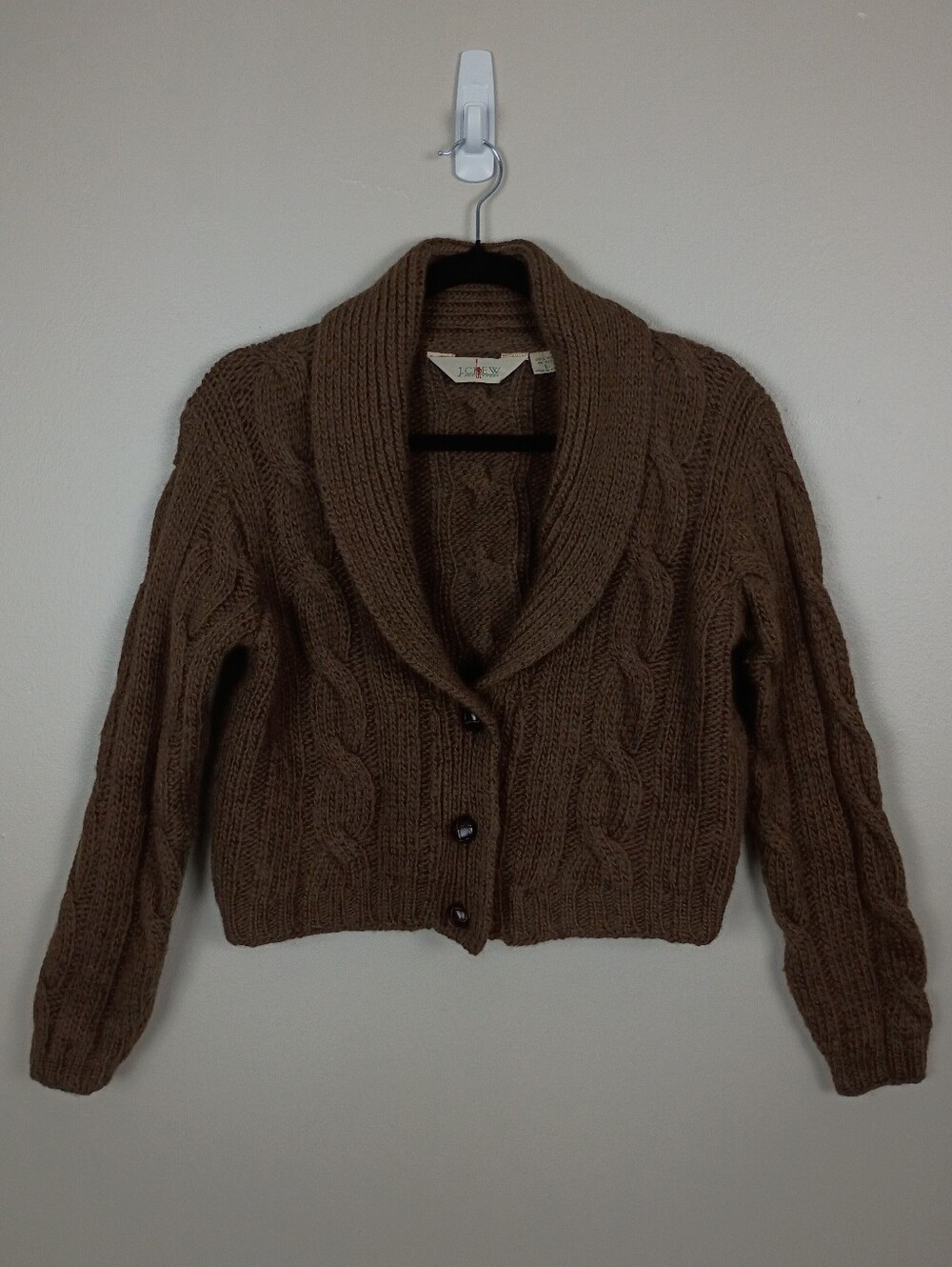 Vintage J Crew 100% Wool Cable Knit Cropped Cardigan Brown Shawl Collar Large